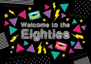 Einladung 80er Jahre in Schwarz mit Text Welcome to the Eighties